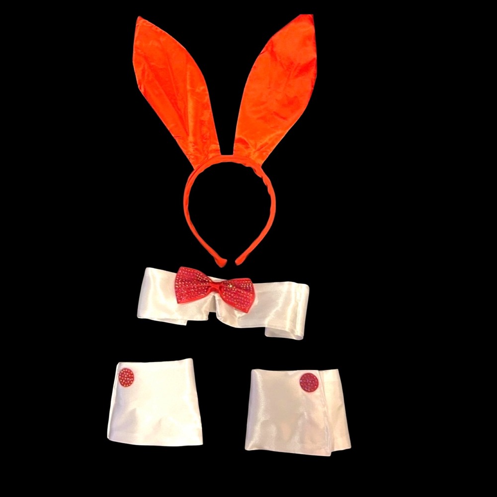 Red Satin Playboy Style Bunny Costume Set Bedazzled Ears Collar Cuffs Plus Size - Picture 3 of 7